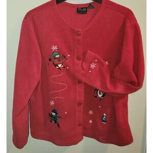 C&B Sport Christmas Jacket Red XL Button Up Fleece Skiing Penguins Ugly Sweater